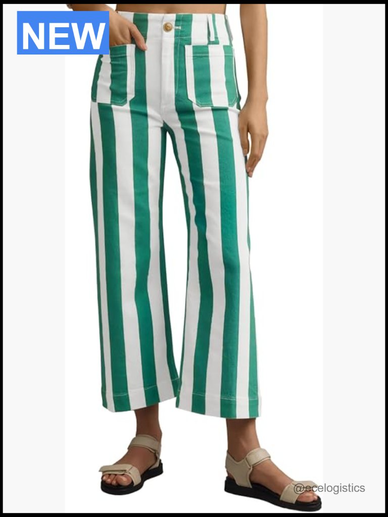 Cropped High Waisted Striped Straight Leg Denim Pants With Pockets